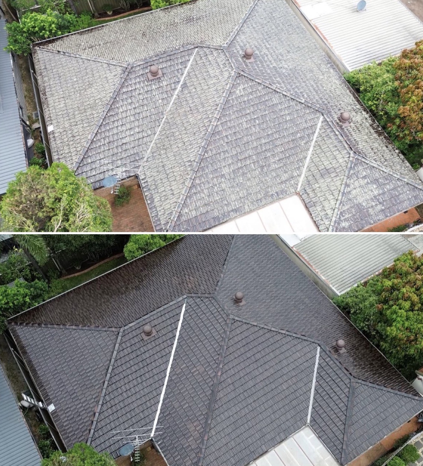 Avant après d'un démoussage et nettoyage de toiture vu du ciel