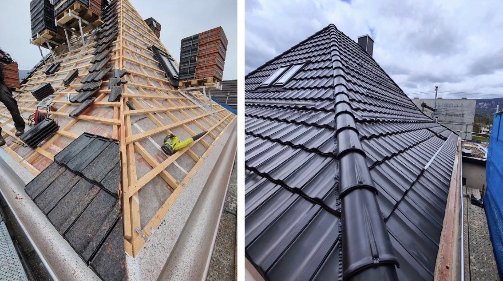 Avant après d'une pose de tuiles anthracite sur une toiture