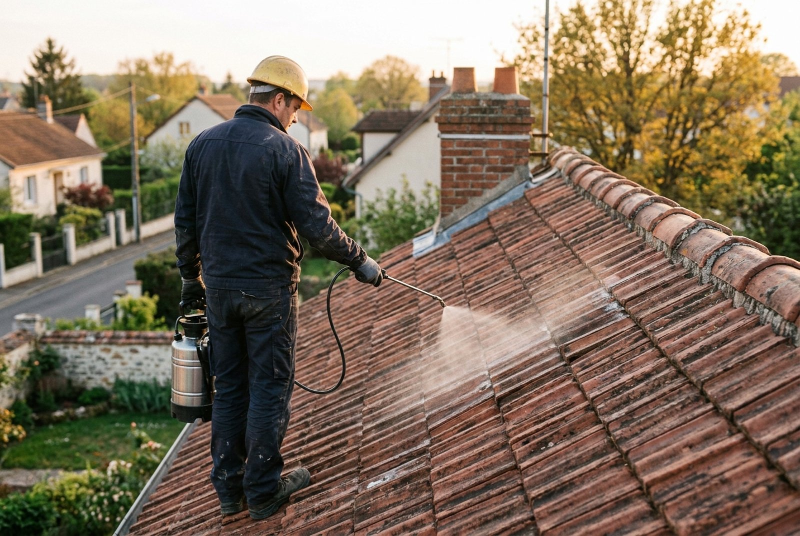 Application d'un traitement anti-mousse hydrofuge sur une toiture