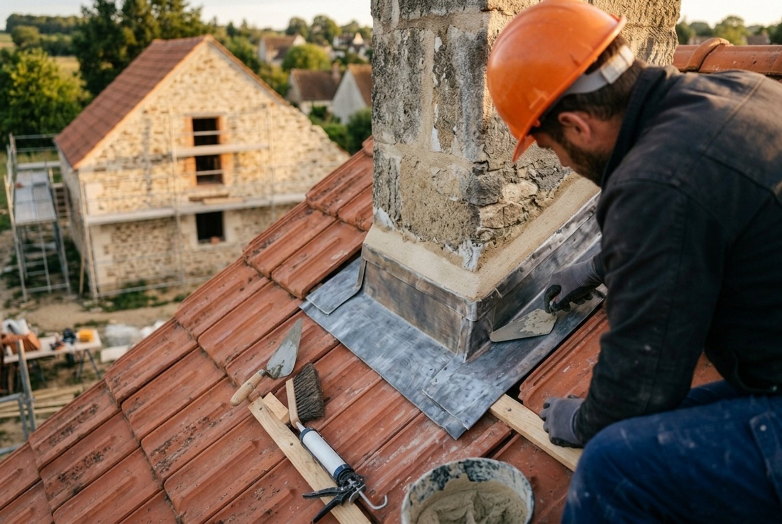 Réfection du solin et de la souche d'une cheminée sur un toit