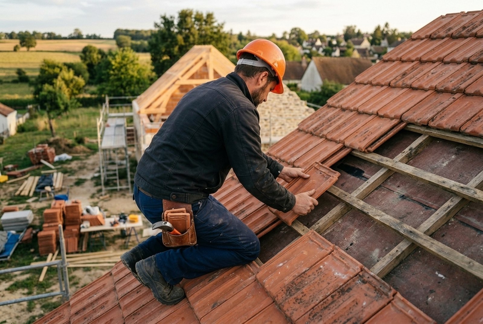 Couvreur remplaçant des tuiles cassées sur une toiture du Loiret